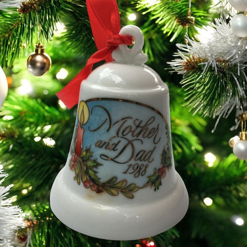 Mother and Dad Hallmark Porcelain Bell Keepsake Christmas Tree Ornament - 1988